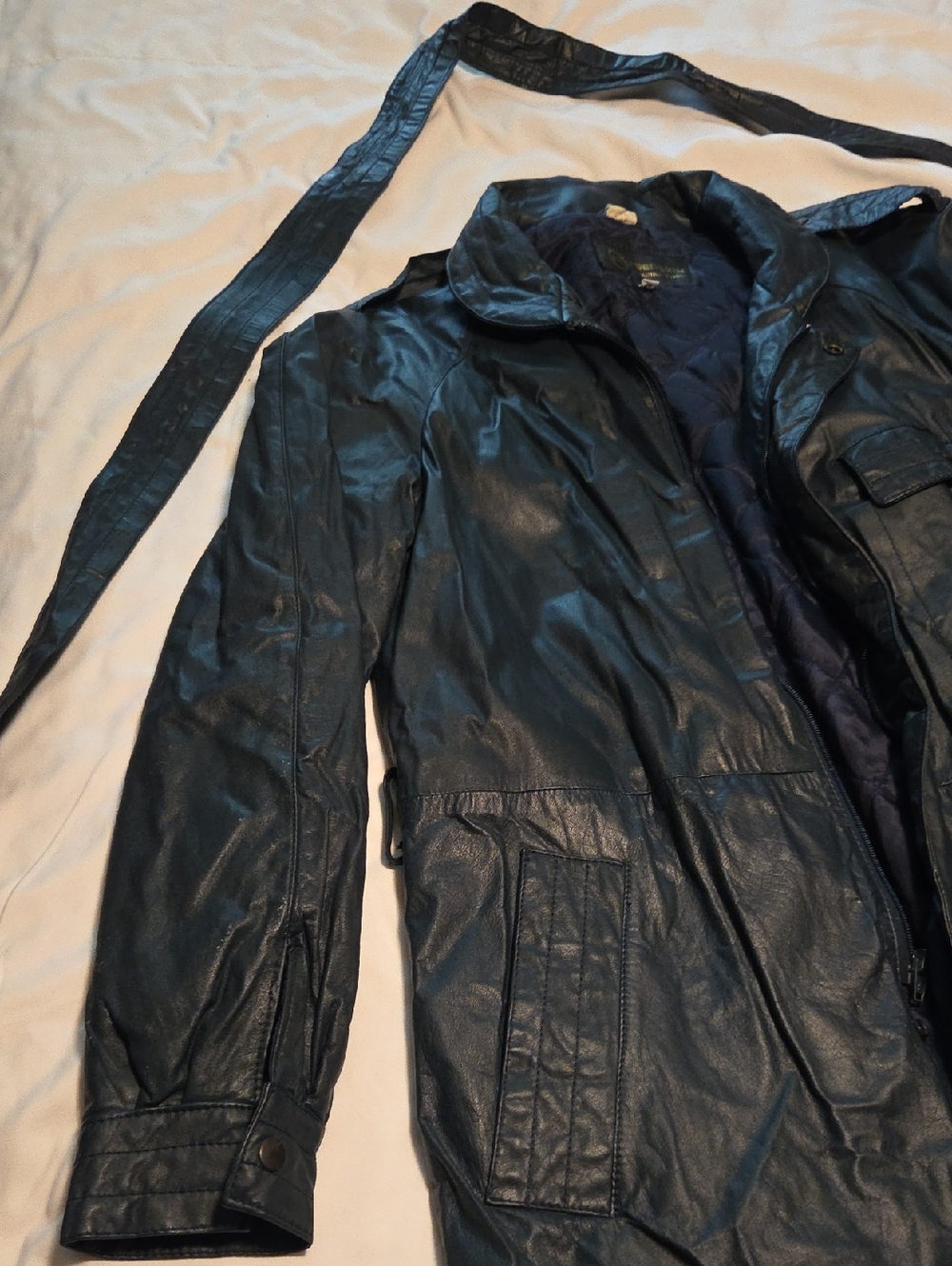 #H1018 Deerskin Men's Dark Teal Leather Coat with Belt.